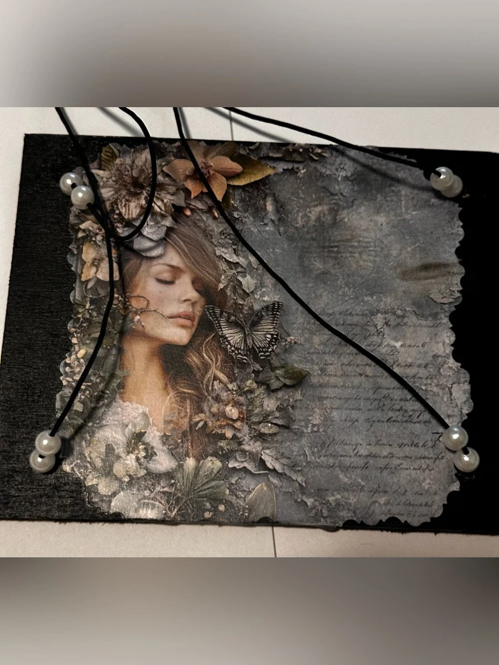 Hand crafted hanging floating decorative wall shelf with vintage floral art
